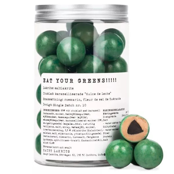 "Eat your greens!" Liquorice balls with Dulce de Leche chocolate, rosemary and fleur de sel - Haupt Lakrits